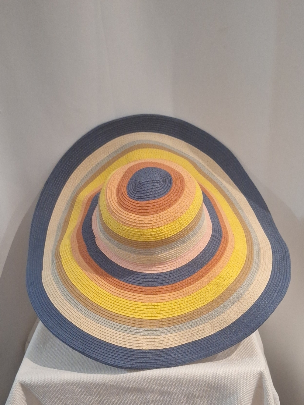 Axel Striped Wide Floppy Brim Sun Straw Hat in Blue, Yellow, Pink and Tan